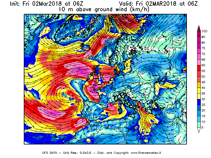 Mappa di analisi GFS - Velocità del vento a 10 metri dal suolo [km/h] in Europa
							del 02/03/2018 06 <!--googleoff: index-->UTC<!--googleon: index-->