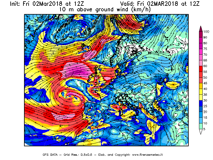 Mappa di analisi GFS - Velocità del vento a 10 metri dal suolo [km/h] in Europa
							del 02/03/2018 12 <!--googleoff: index-->UTC<!--googleon: index-->