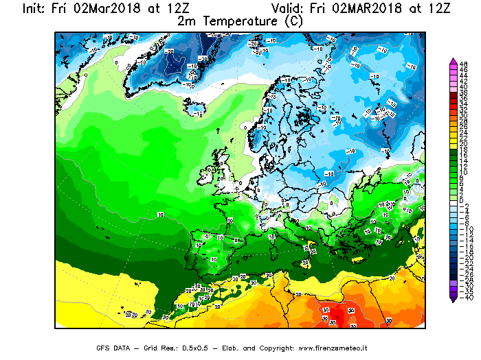 Mappa di analisi GFS - Temperatura a 2 metri dal suolo [°C] in Europa
							del 02/03/2018 12 <!--googleoff: index-->UTC<!--googleon: index-->