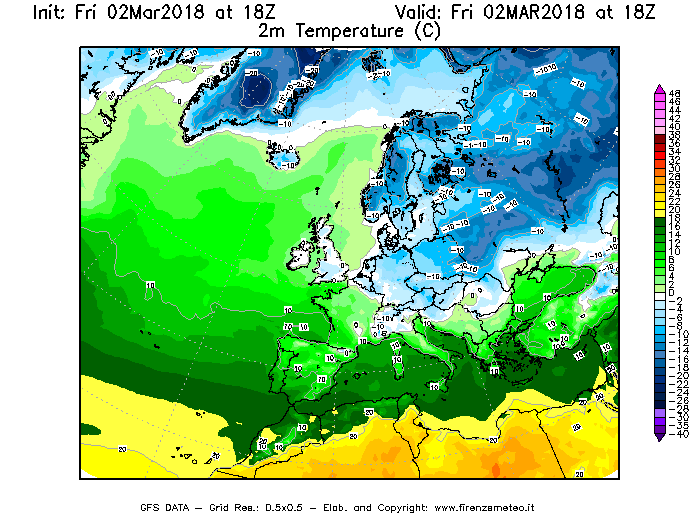 Mappa di analisi GFS - Temperatura a 2 metri dal suolo [°C] in Europa
							del 02/03/2018 18 <!--googleoff: index-->UTC<!--googleon: index-->