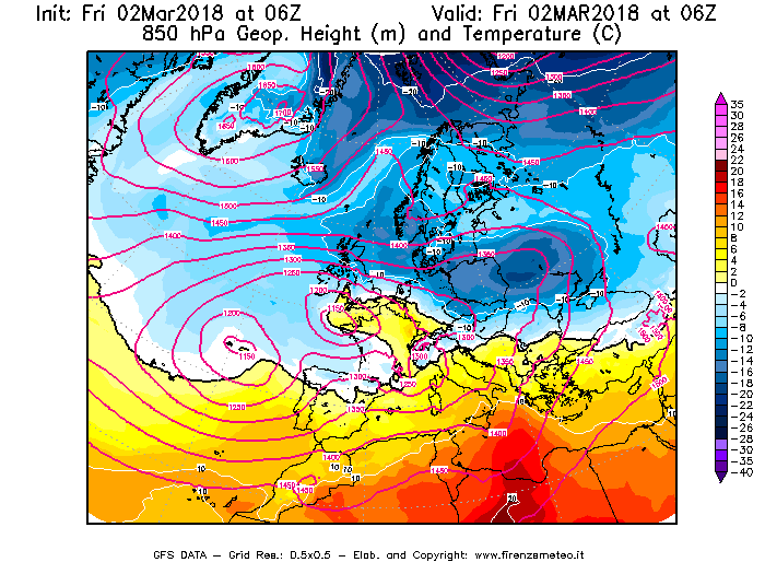Mappa di analisi GFS - Geopotenziale [m] e Temperatura [°C] a 850 hPa in Europa
							del 02/03/2018 06 <!--googleoff: index-->UTC<!--googleon: index-->