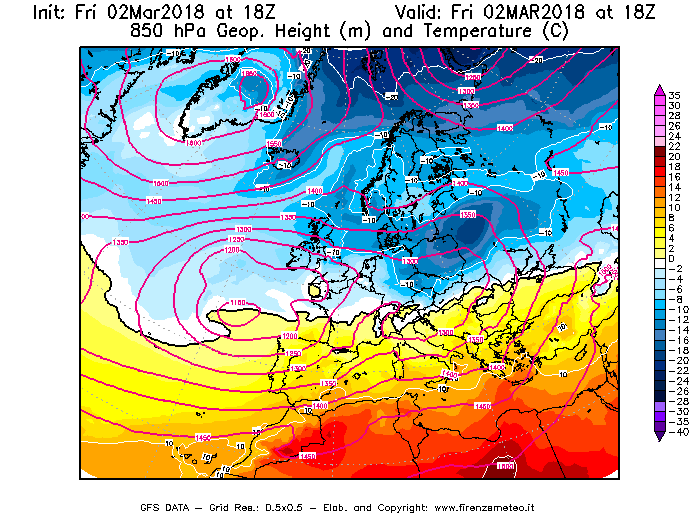 Mappa di analisi GFS - Geopotenziale [m] e Temperatura [°C] a 850 hPa in Europa
							del 02/03/2018 18 <!--googleoff: index-->UTC<!--googleon: index-->