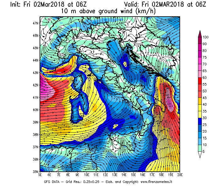 Mappa di analisi GFS - Velocità del vento a 10 metri dal suolo [km/h] in Italia
							del 02/03/2018 06 <!--googleoff: index-->UTC<!--googleon: index-->