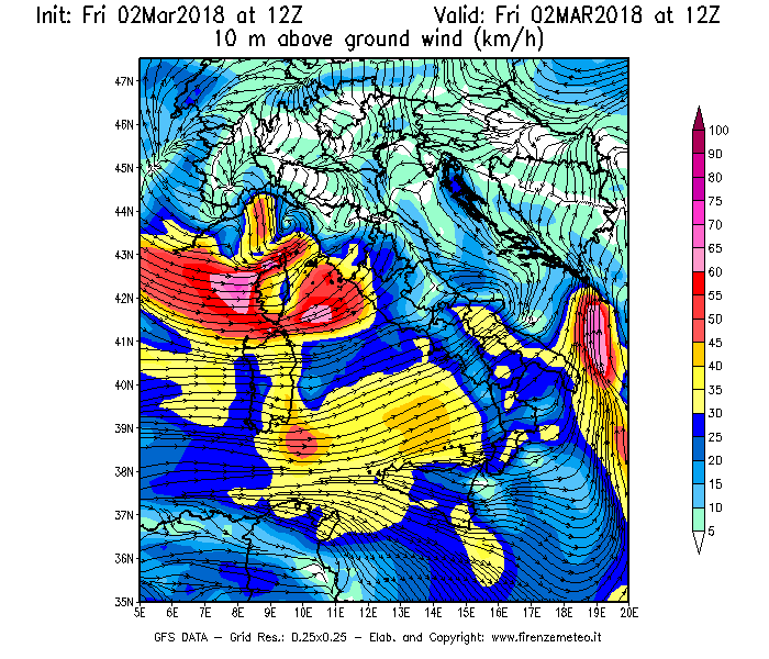 Mappa di analisi GFS - Velocità del vento a 10 metri dal suolo [km/h] in Italia
							del 02/03/2018 12 <!--googleoff: index-->UTC<!--googleon: index-->