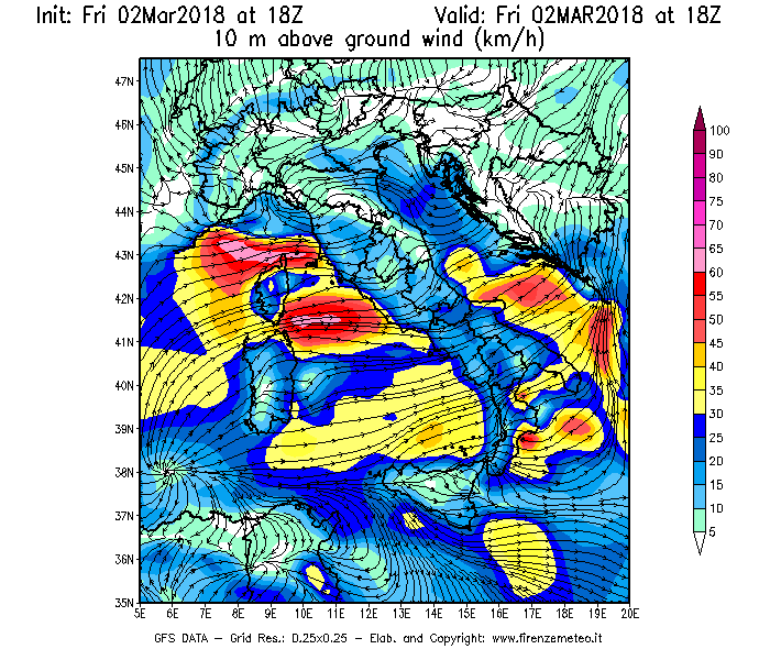 Mappa di analisi GFS - Velocità del vento a 10 metri dal suolo [km/h] in Italia
							del 02/03/2018 18 <!--googleoff: index-->UTC<!--googleon: index-->
