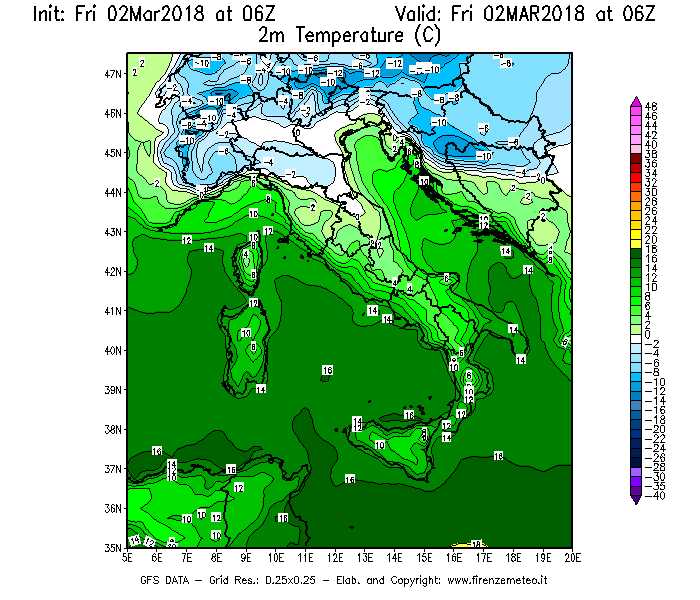 Mappa di analisi GFS - Temperatura a 2 metri dal suolo [°C] in Italia
							del 02/03/2018 06 <!--googleoff: index-->UTC<!--googleon: index-->