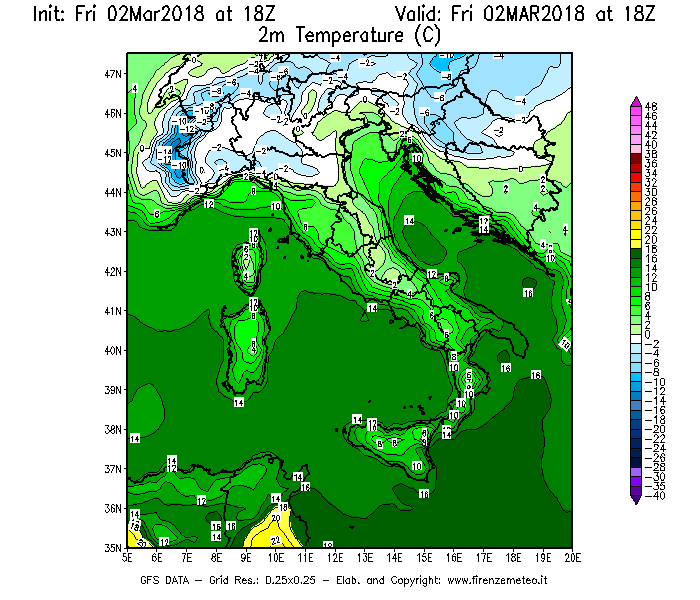 Mappa di analisi GFS - Temperatura a 2 metri dal suolo [°C] in Italia
							del 02/03/2018 18 <!--googleoff: index-->UTC<!--googleon: index-->