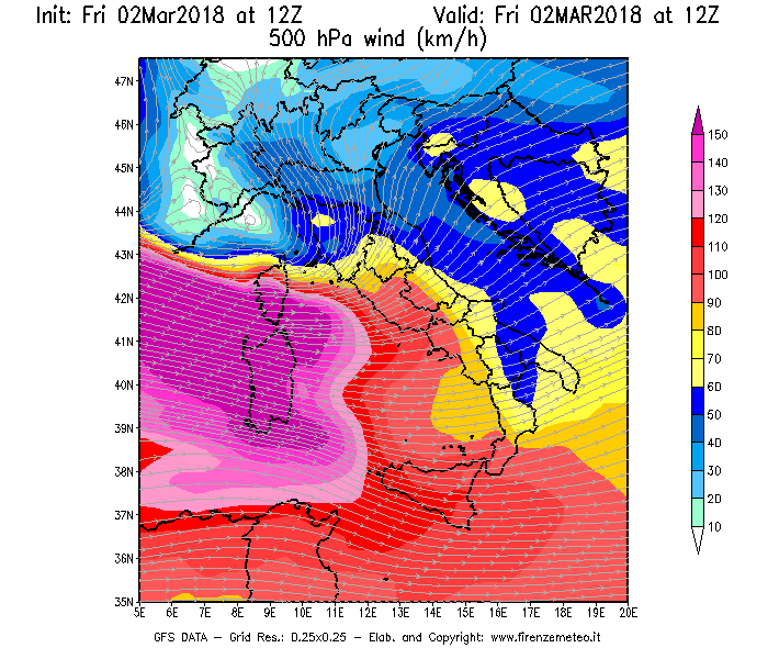 Mappa di analisi GFS - Velocità del vento a 500 hPa [km/h] in Italia
							del 02/03/2018 12 <!--googleoff: index-->UTC<!--googleon: index-->