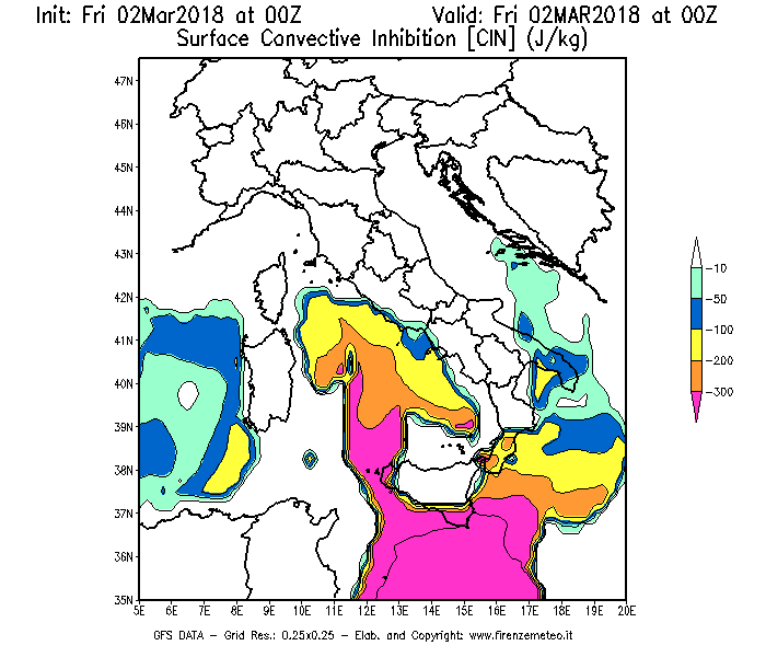 Mappa di analisi GFS - CIN [J/kg] in Italia
							del 02/03/2018 00 <!--googleoff: index-->UTC<!--googleon: index-->