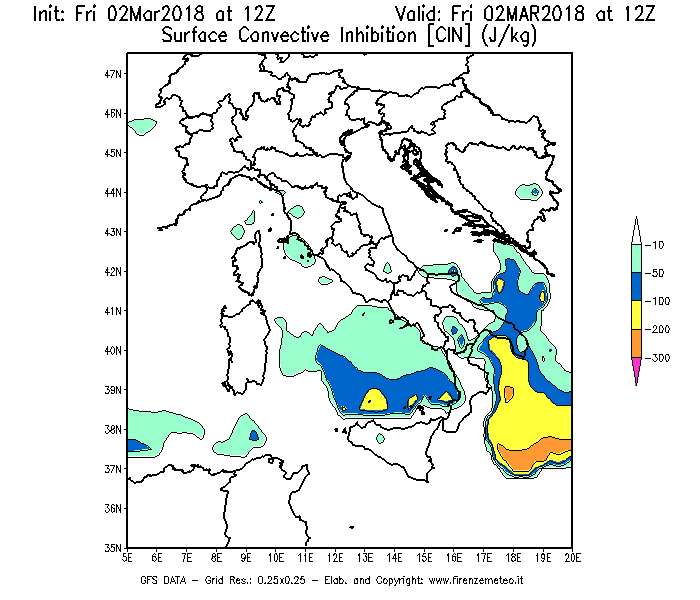 Mappa di analisi GFS - CIN [J/kg] in Italia
							del 02/03/2018 12 <!--googleoff: index-->UTC<!--googleon: index-->
