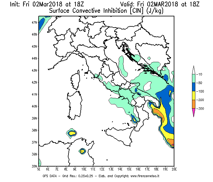 Mappa di analisi GFS - CIN [J/kg] in Italia
							del 02/03/2018 18 <!--googleoff: index-->UTC<!--googleon: index-->