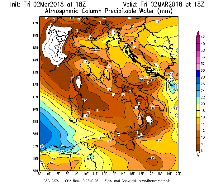 Mappa di analisi GFS - Precipitable Water [mm] in Italia
							del 02/03/2018 18 <!--googleoff: index-->UTC<!--googleon: index-->