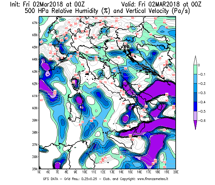 Mappa di analisi GFS - Umidità relativa [%] e Omega [Pa/s] a 500 hPa in Italia
							del 02/03/2018 00 <!--googleoff: index-->UTC<!--googleon: index-->