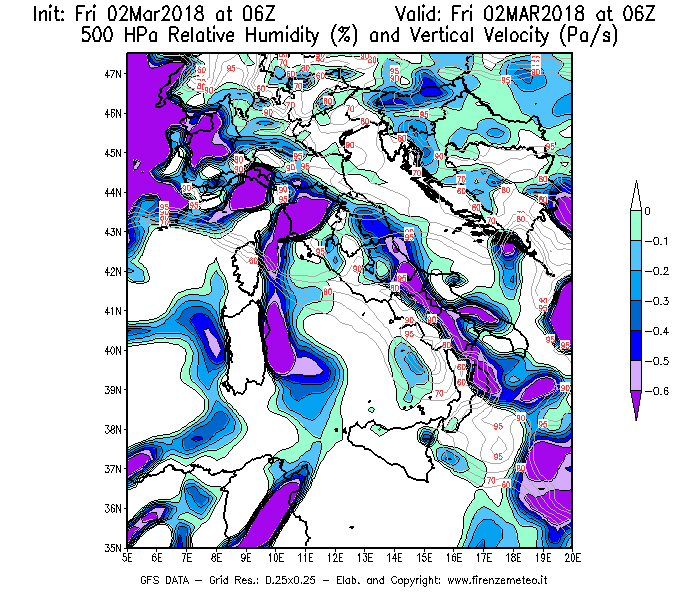 Mappa di analisi GFS - Umidità relativa [%] e Omega [Pa/s] a 500 hPa in Italia
							del 02/03/2018 06 <!--googleoff: index-->UTC<!--googleon: index-->
