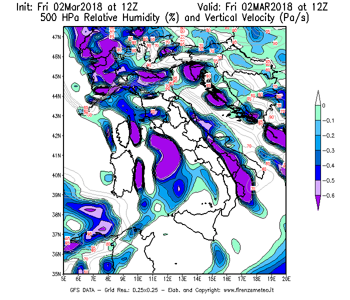 Mappa di analisi GFS - Umidità relativa [%] e Omega [Pa/s] a 500 hPa in Italia
							del 02/03/2018 12 <!--googleoff: index-->UTC<!--googleon: index-->