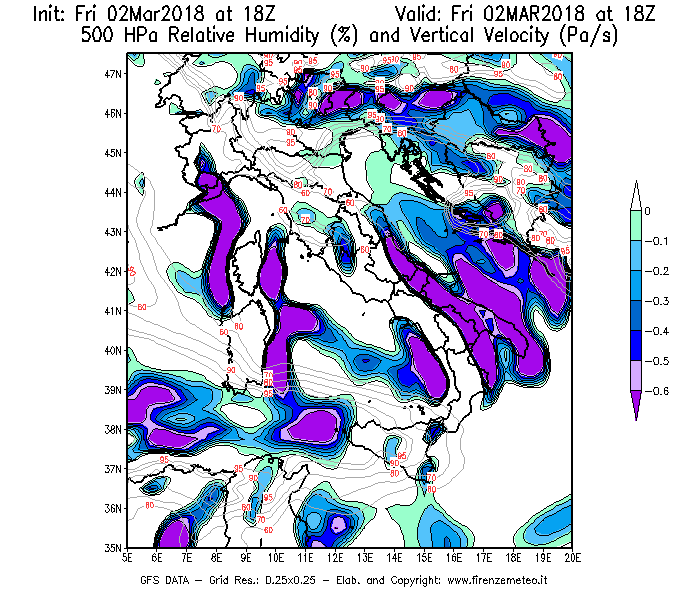 Mappa di analisi GFS - Umidità relativa [%] e Omega [Pa/s] a 500 hPa in Italia
							del 02/03/2018 18 <!--googleoff: index-->UTC<!--googleon: index-->