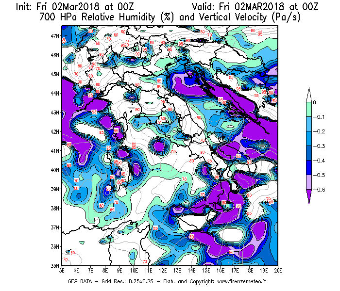 Mappa di analisi GFS - Umidità relativa [%] e Omega [Pa/s] a 700 hPa in Italia
							del 02/03/2018 00 <!--googleoff: index-->UTC<!--googleon: index-->