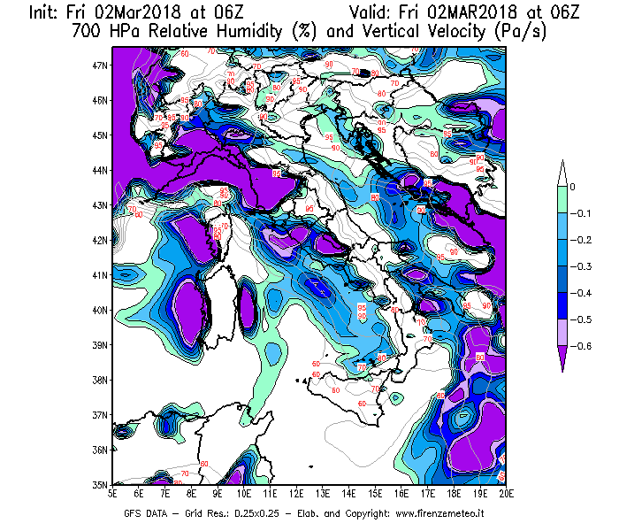 Mappa di analisi GFS - Umidità relativa [%] e Omega [Pa/s] a 700 hPa in Italia
							del 02/03/2018 06 <!--googleoff: index-->UTC<!--googleon: index-->