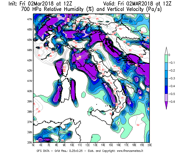 Mappa di analisi GFS - Umidità relativa [%] e Omega [Pa/s] a 700 hPa in Italia
							del 02/03/2018 12 <!--googleoff: index-->UTC<!--googleon: index-->