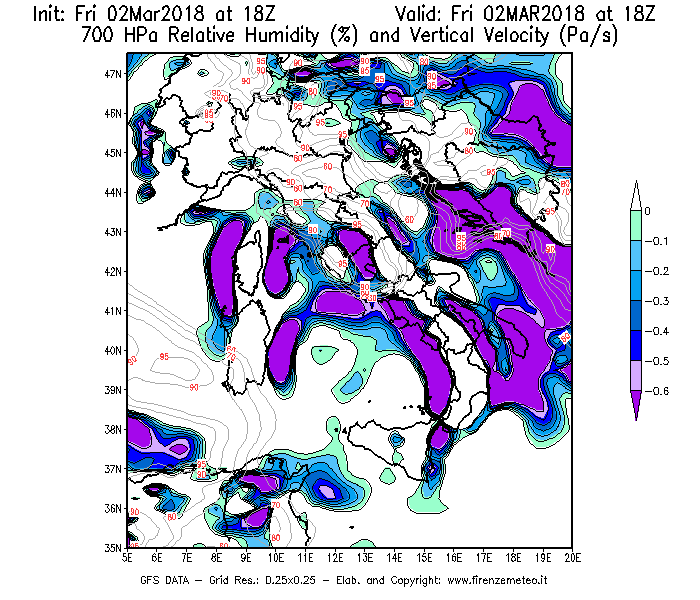 Mappa di analisi GFS - Umidità relativa [%] e Omega [Pa/s] a 700 hPa in Italia
							del 02/03/2018 18 <!--googleoff: index-->UTC<!--googleon: index-->
