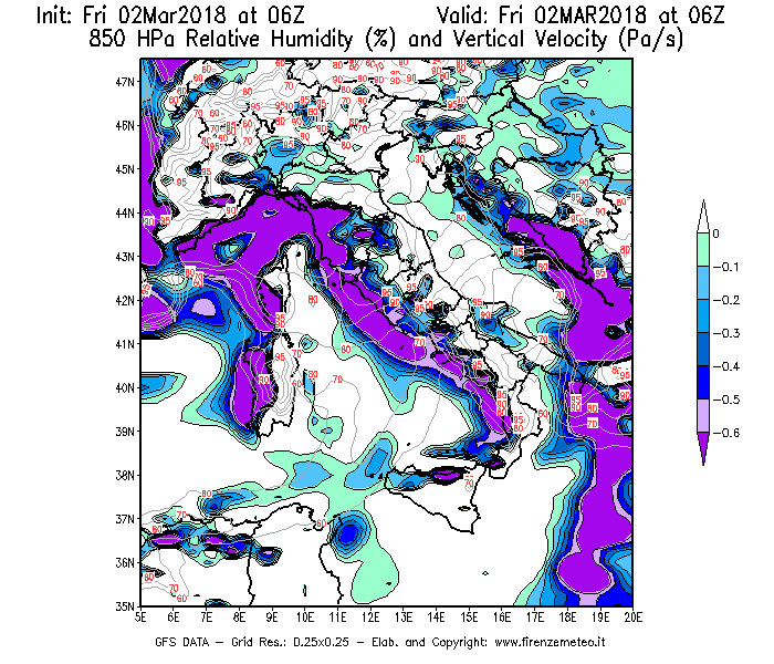 Mappa di analisi GFS - Umidità relativa [%] e Omega [Pa/s] a 850 hPa in Italia
							del 02/03/2018 06 <!--googleoff: index-->UTC<!--googleon: index-->