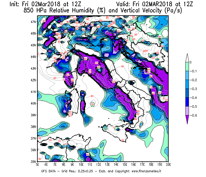 Mappa di analisi GFS - Umidità relativa [%] e Omega [Pa/s] a 850 hPa in Italia
							del 02/03/2018 12 <!--googleoff: index-->UTC<!--googleon: index-->