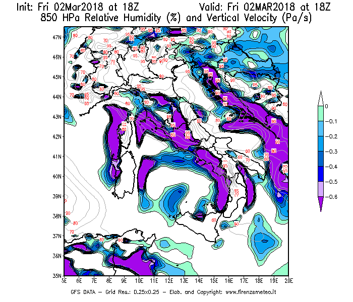 Mappa di analisi GFS - Umidità relativa [%] e Omega [Pa/s] a 850 hPa in Italia
							del 02/03/2018 18 <!--googleoff: index-->UTC<!--googleon: index-->