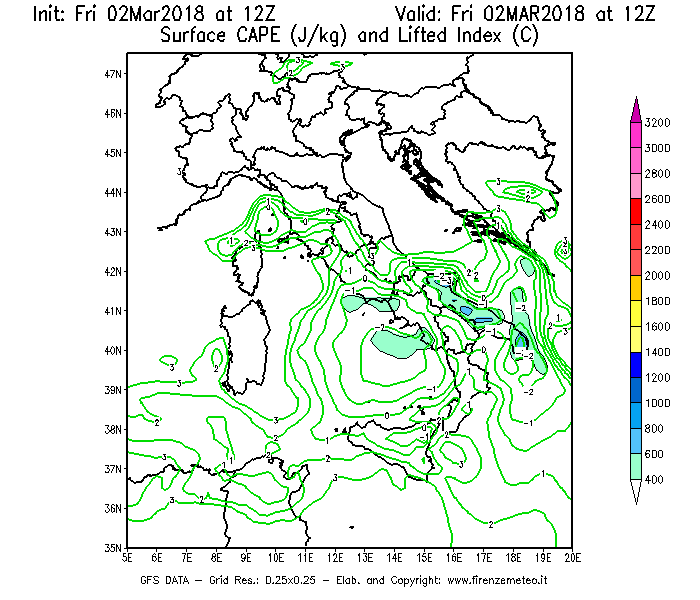 Mappa di analisi GFS - CAPE [J/kg] e Lifted Index [°C] in Italia
							del 02/03/2018 12 <!--googleoff: index-->UTC<!--googleon: index-->