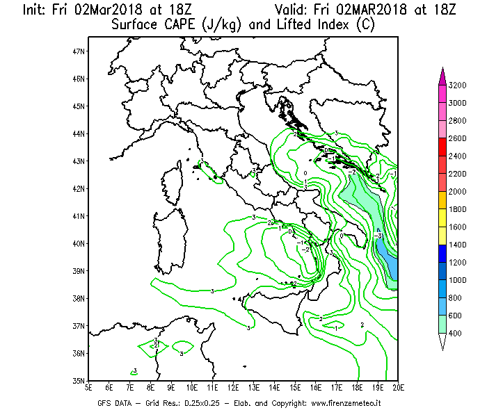 Mappa di analisi GFS - CAPE [J/kg] e Lifted Index [°C] in Italia
							del 02/03/2018 18 <!--googleoff: index-->UTC<!--googleon: index-->