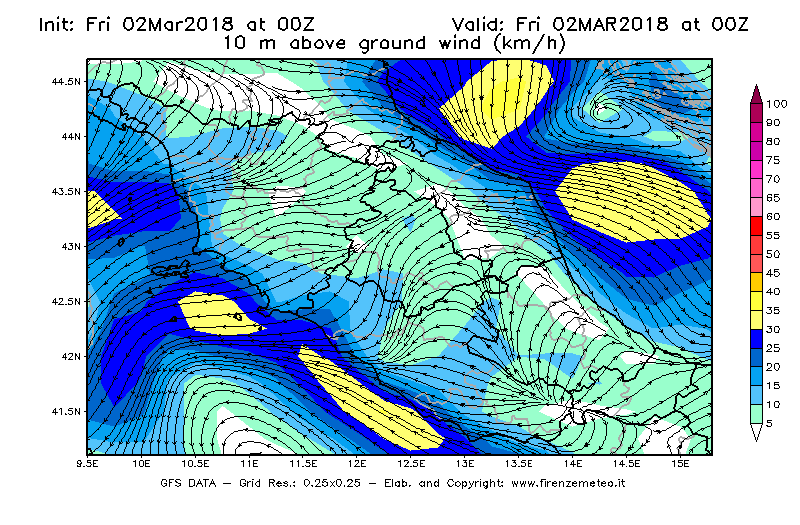 Mappa di analisi GFS - Velocità del vento a 10 metri dal suolo [km/h] in Centro-Italia
							del 02/03/2018 00 <!--googleoff: index-->UTC<!--googleon: index-->