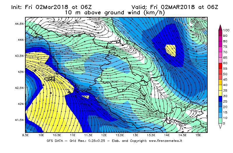 Mappa di analisi GFS - Velocità del vento a 10 metri dal suolo [km/h] in Centro-Italia
							del 02/03/2018 06 <!--googleoff: index-->UTC<!--googleon: index-->