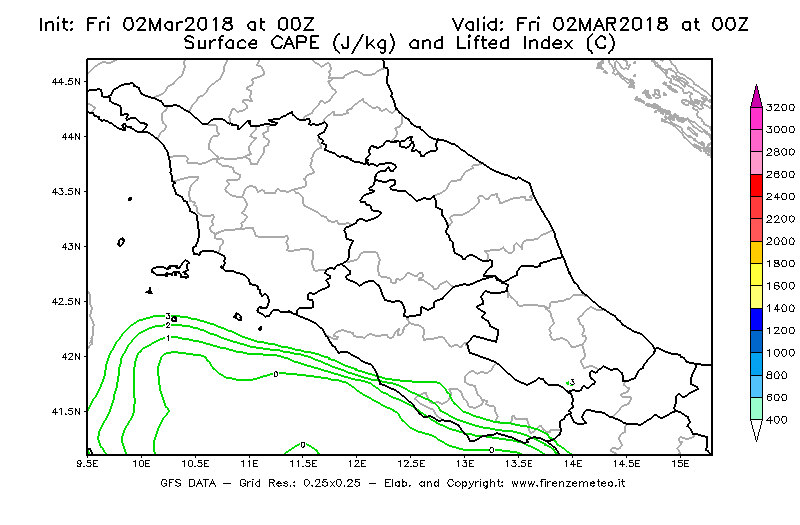 Mappa di analisi GFS - CAPE [J/kg] e Lifted Index [°C] in Centro-Italia
							del 02/03/2018 00 <!--googleoff: index-->UTC<!--googleon: index-->