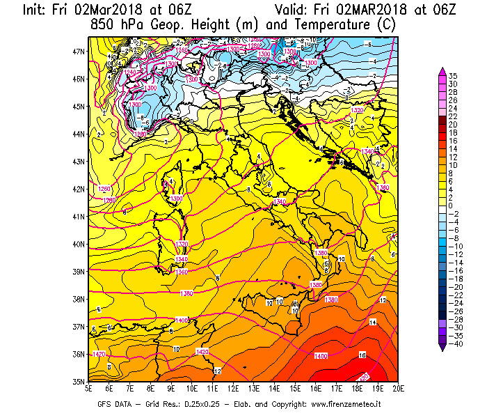 Mappa di analisi GFS - Geopotenziale [m] e Temperatura [°C] a 850 hPa in Italia
							del 02/03/2018 06 <!--googleoff: index-->UTC<!--googleon: index-->