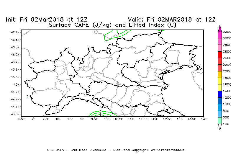 Mappa di analisi GFS - CAPE [J/kg] e Lifted Index [°C] in Nord-Italia
							del 02/03/2018 12 <!--googleoff: index-->UTC<!--googleon: index-->