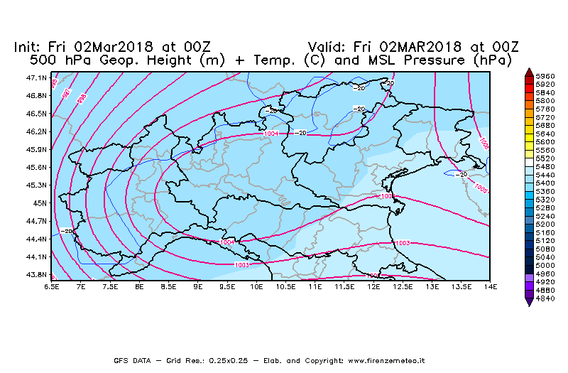 Mappa di analisi GFS - Geopotenziale [m] + Temp. [°C] a 500 hPa + Press. a livello del mare [hPa] in Nord-Italia
							del 02/03/2018 00 <!--googleoff: index-->UTC<!--googleon: index-->