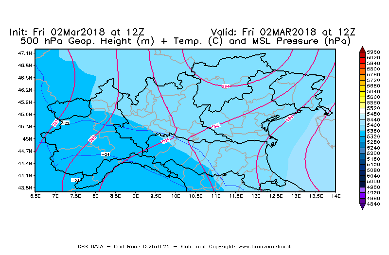 Mappa di analisi GFS - Geopotenziale [m] + Temp. [°C] a 500 hPa + Press. a livello del mare [hPa] in Nord-Italia
							del 02/03/2018 12 <!--googleoff: index-->UTC<!--googleon: index-->