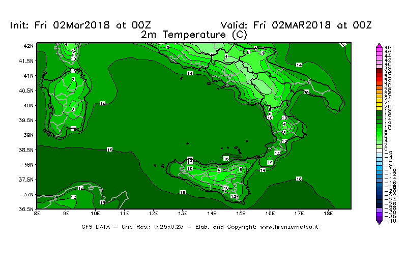 Mappa di analisi GFS - Temperatura a 2 metri dal suolo [°C] in Sud-Italia
							del 02/03/2018 00 <!--googleoff: index-->UTC<!--googleon: index-->