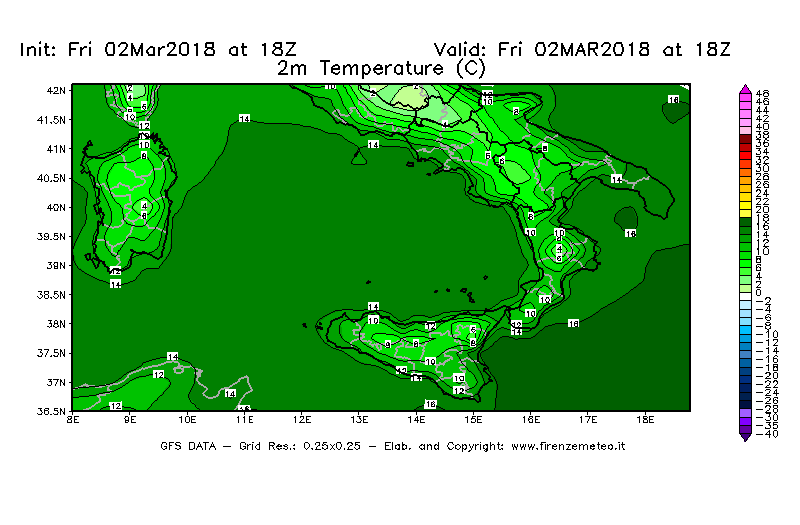 Mappa di analisi GFS - Temperatura a 2 metri dal suolo [°C] in Sud-Italia
							del 02/03/2018 18 <!--googleoff: index-->UTC<!--googleon: index-->