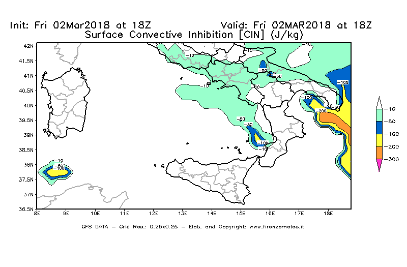 Mappa di analisi GFS - CIN [J/kg] in Sud-Italia
							del 02/03/2018 18 <!--googleoff: index-->UTC<!--googleon: index-->