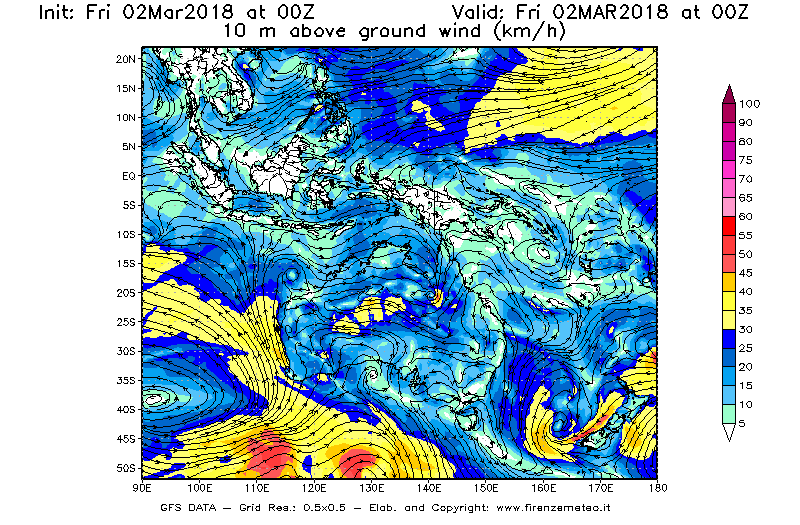 Mappa di analisi GFS - Velocità del vento a 10 metri dal suolo [km/h] in Oceania
							del 02/03/2018 00 <!--googleoff: index-->UTC<!--googleon: index-->