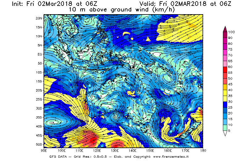 Mappa di analisi GFS - Velocità del vento a 10 metri dal suolo [km/h] in Oceania
							del 02/03/2018 06 <!--googleoff: index-->UTC<!--googleon: index-->