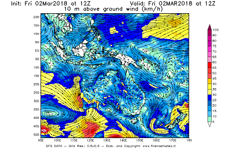 Mappa di analisi GFS - Velocità del vento a 10 metri dal suolo [km/h] in Oceania
							del 02/03/2018 12 <!--googleoff: index-->UTC<!--googleon: index-->
