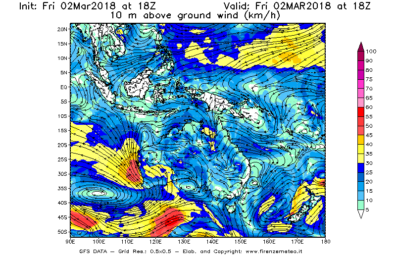 Mappa di analisi GFS - Velocità del vento a 10 metri dal suolo [km/h] in Oceania
							del 02/03/2018 18 <!--googleoff: index-->UTC<!--googleon: index-->