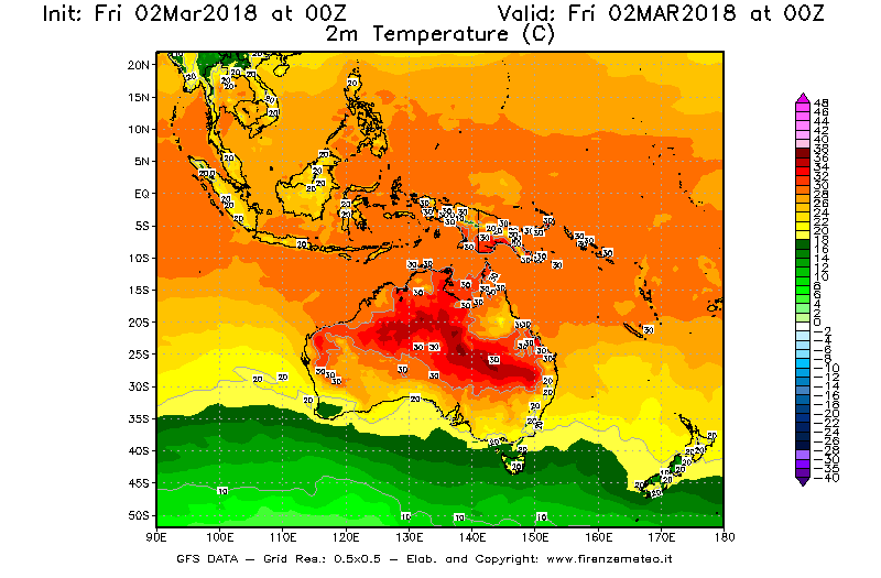 Mappa di analisi GFS - Temperatura a 2 metri dal suolo [°C] in Oceania
							del 02/03/2018 00 <!--googleoff: index-->UTC<!--googleon: index-->