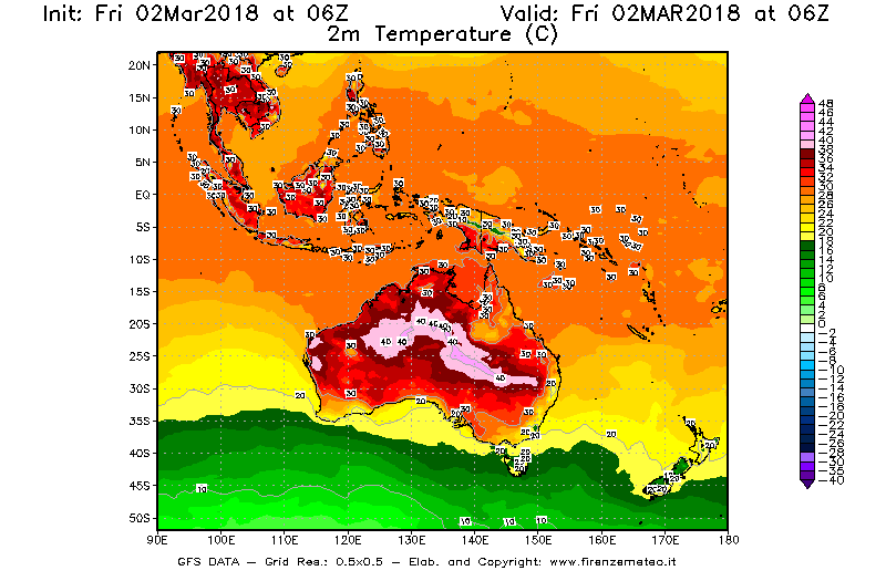 Mappa di analisi GFS - Temperatura a 2 metri dal suolo [°C] in Oceania
							del 02/03/2018 06 <!--googleoff: index-->UTC<!--googleon: index-->