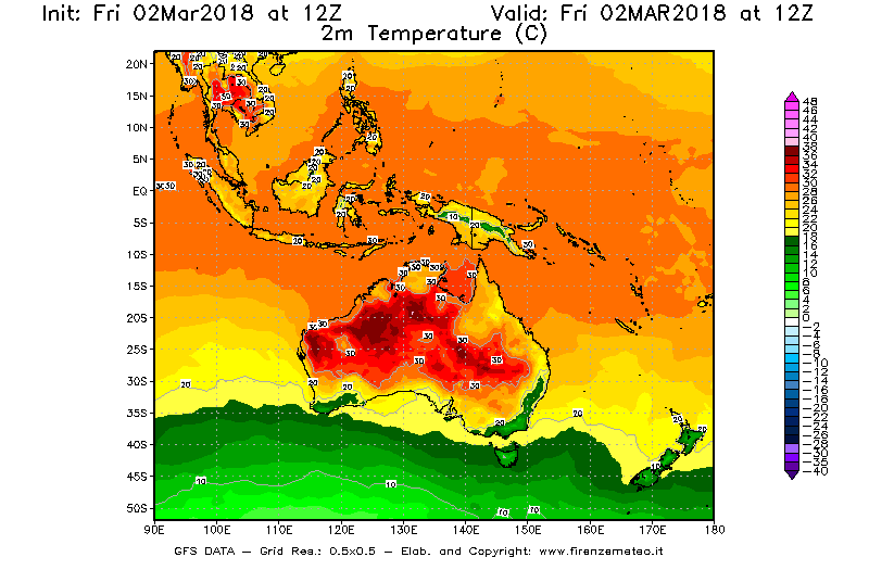 Mappa di analisi GFS - Temperatura a 2 metri dal suolo [°C] in Oceania
							del 02/03/2018 12 <!--googleoff: index-->UTC<!--googleon: index-->