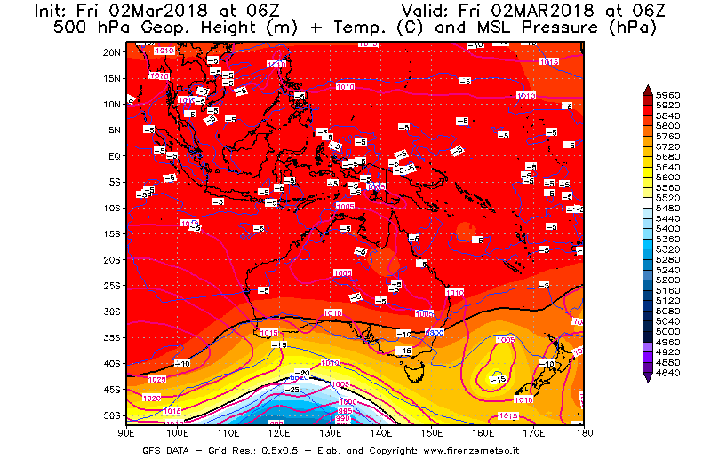 Mappa di analisi GFS - Geopotenziale [m] + Temp. [°C] a 500 hPa + Press. a livello del mare [hPa] in Oceania
							del 02/03/2018 06 <!--googleoff: index-->UTC<!--googleon: index-->