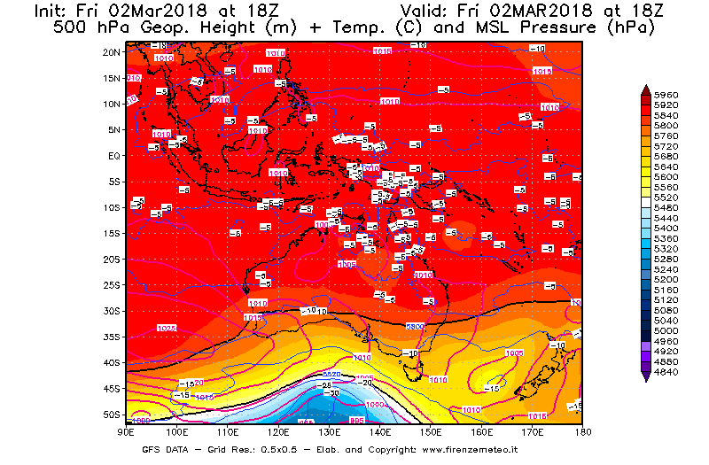 Mappa di analisi GFS - Geopotenziale [m] + Temp. [°C] a 500 hPa + Press. a livello del mare [hPa] in Oceania
							del 02/03/2018 18 <!--googleoff: index-->UTC<!--googleon: index-->