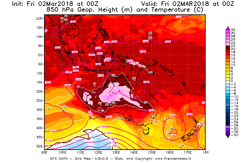 Mappa di analisi GFS - Geopotenziale [m] e Temperatura [°C] a 850 hPa in Oceania
							del 02/03/2018 00 <!--googleoff: index-->UTC<!--googleon: index-->