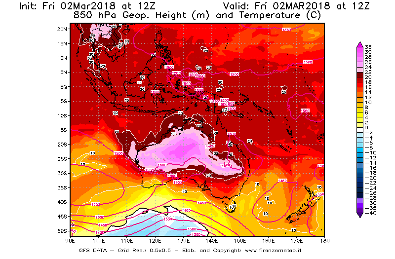 Mappa di analisi GFS - Geopotenziale [m] e Temperatura [°C] a 850 hPa in Oceania
							del 02/03/2018 12 <!--googleoff: index-->UTC<!--googleon: index-->